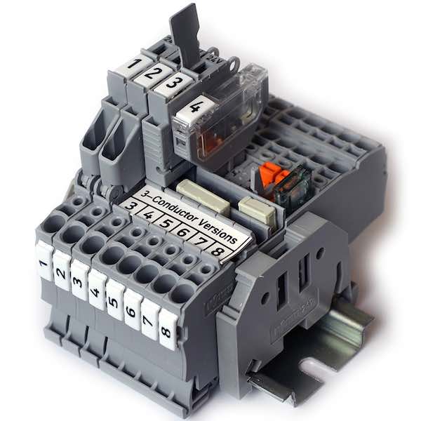Wago's Topjob S pivot-style fuse terminal blocks come in a 3-conductor variant and they are designed to be vibration-proof, resistant to thermal cycling, and gas tight. Courtesy: Wago