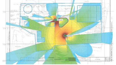 Figure 1: This illustration provides an example of a predictive survey for a water treatment plant using two APs through a simulation that allows the surveyor to observe the expected propagation at the desired power level. Courtesy: Daniel E. Capano, owne