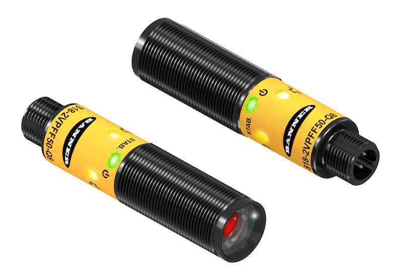 Banner Engineering's S18-2 compact photoelectric sensor series features fixed-field background suppression mode configurations and provides up to six detection ranges from 30 to 200 mm for cost-sensitive and high-volume applications. Courtesy: Banner Engi