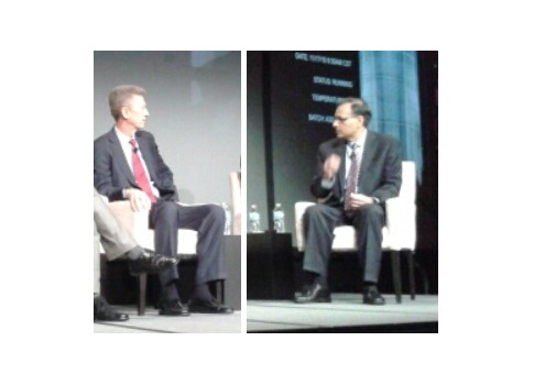 At the Nov. 17 Automation Perspectives event, Sujeet Chand, senior vice president and chief technology officer, Rockwell Automation (right), and Rick Schneider, president and CEO, Fanuc America, discussed the value of getting diagnostic information from p