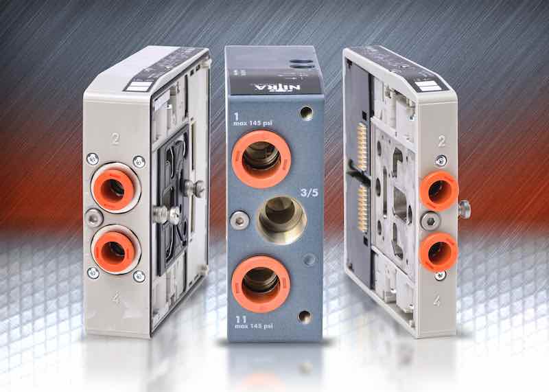 AutomationDirect's Nitra line of pneumatic products includes 24 Vdc modular valves that are designed for mechanical applications and also features various mounting positions that require no additional fittings. Courtesy: AutomationDirect
