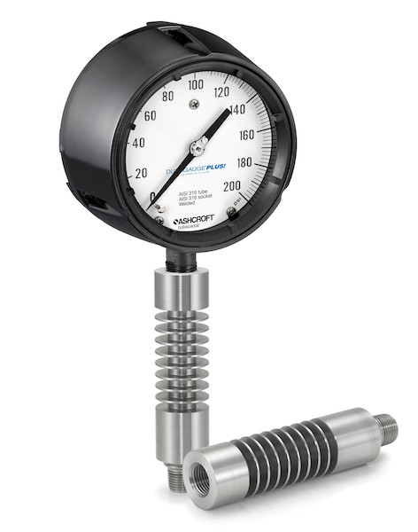 Ashcroft's type 1198 finned siphon is designed to protect pressure instruments from extreme and hazardous conditions and features a built-in dampening mechanism to control pulsation effects. Courtesy: Ashcroft