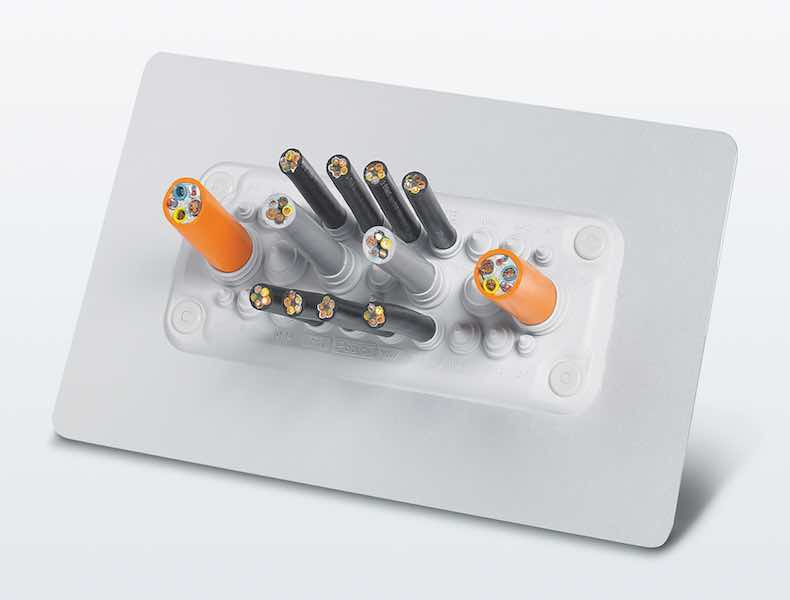 Phoenix Contact's CES Multigates are metal-reinforced cable entry plates designed to handle up to 37 cables and feature double-membrane sealing for IP66/67 protection. Courtesy: Phoenix Contact