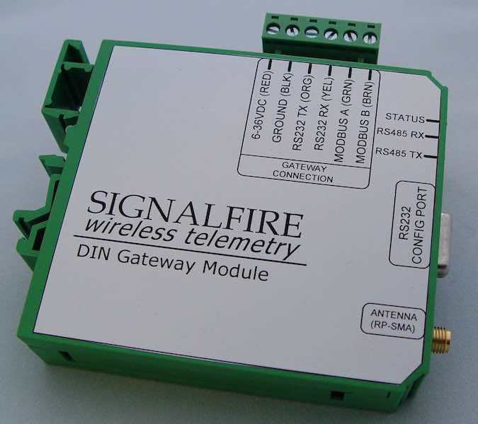 SignalFire's Modbus DIN Mount Gateway combines a radio with gateway electronics in a compact module for installation flexibility in remote monitoring applications. Courtesy: SignalFire