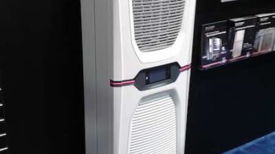 Rittal gave a sneak preview of the wall-mounted cooling units Blue e+ at Pack Expo 2015 prior to introduction at Hannover Messe 2016. Rittal says the unit saves 75% energy compared to traditional cooling due to speed-regulated components and heat pipe tec