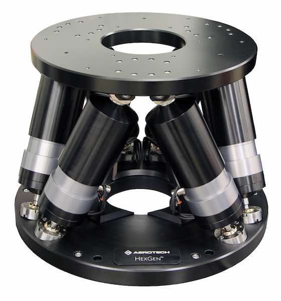 Aerotech's HEX500-350HL high-load, precision hexapod is designed for applications such as x-ray diffraction, sensor testing, and high-force device manipulation and is actuated with six high-accuracy struts that are built with precision preloaded bearings,
