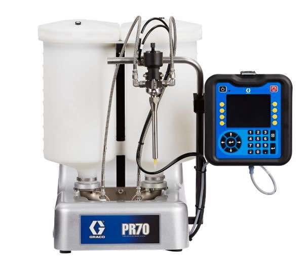 Graco's PR70 Meter, Mix and Dispense Systems are configurable with flow control and servo motor options and are designed for a range of applications such as including bonding and sealing, potting, gasketing, encapsulation, and syringe filling. Courtesy: G