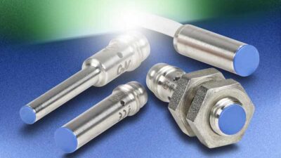 AutomationDirect’s miniature inductive proximity sensors are available in sizes ranging from 4 to 8mm and are equipped with a 360-deg-visible yellow output LED and come with built-in overload protection. Courtesy: AutomationDirect