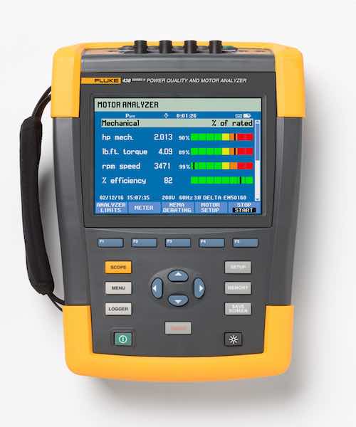 Fluke's 438-II Power Quality and Motor Analyzer is designed to simplify the process of motor performance diagnosis by providing analysis data for both the electrical and mechanical characteristics of the motor while it is in operation. Courtesy: Fluke