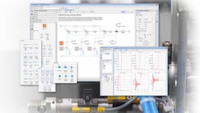 The Maplesoft MapleSim Pneumatics Library from Modelon is designed for use in the modeling and simulation of pneumatic systems for system design, component sizing, and control design. Courtesy: Maplesoft
