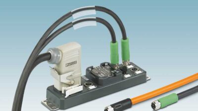 Phoenix Contact's M12 power distribution boxes are designed for field-based power supply voltages and are designed to eliminate voltage drop that occurs across long cable runs. Courtesy: Phoenix Contact