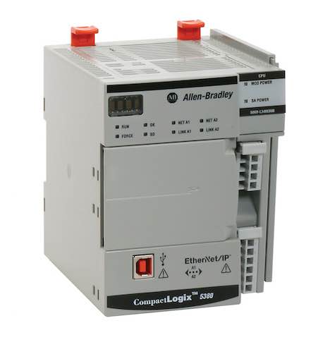 The Allen-Bradley CompactLogix 5380 controller from Rockwell Automation is ideal for high-speed applications with up to 20 axes of motion and features a dual-configurable, 1-GB Ethernet port that supports device-level-ring (DLR) topologies or the use of m