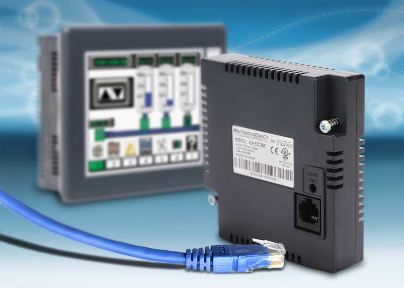 AutomationDirect’s EA-ECOM communication expansion module is designed for all EA3-series C-more Micro panels and features an Ethernet (RJ45) port for programming and programmable logic controller (PLC) communications. Courtesy: AutomationDirect