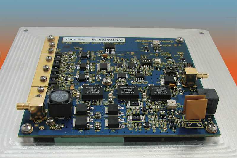 Highland Technology's D200 compact precision laser driver uses a dc-coupled trigger signal to produces two nanosecond transitions and up to 4 A of regulated drive current supports lasers with forward voltages up to 9 V. Courtesy: Highland Technology