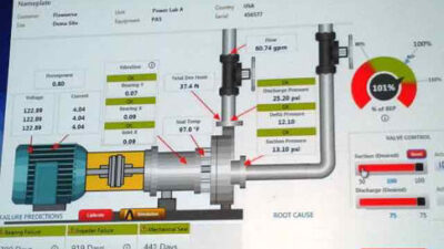 Mobile augmented reality on a tablet can provide insights into energy use and predictive maintenance of critical plant assets, such as this Flowserve pump display in an NIWeek 2016 demonstration. Courtesy: CFE Media, Mark T. Hoske
