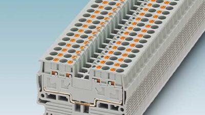 Phoenix Contact's PT 2,5/S-Quattro four-position terminal blocks are designed to provide a high wiring density without sacrificing space across the DIN rail and also have a double function shaft for easy potential distribution with plug-in bridges and lar