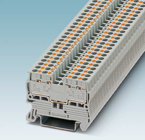 Phoenix Contact's PT 2,5/S-Quattro four-position terminal blocks are designed to provide a high wiring density without sacrificing space across the DIN rail and also have a double function shaft for easy potential distribution with plug-in bridges and lar