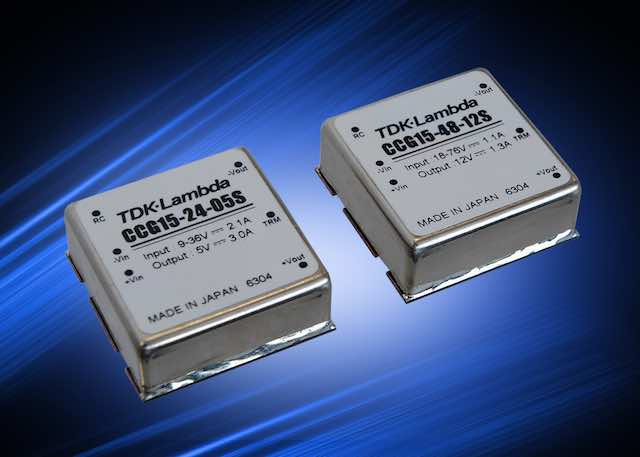 TDK Corporation's TDK-Lambda 15W CCG15S series of dc-dc converters are designed for telecommunications, process control, broadcast, and test and measurement equipment applications. Courtesy: TDK Corporation