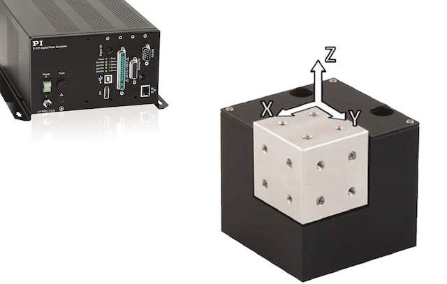 Physik Instrumente's (PI) P-616 NanoCube XYZ piezo scanner is based on a parallel-kinematic design and is designed for applications such as photonics alignment, microscopy, 3-D imaging, screening, surface analysis, and wafer inspection. Courtesy: Physik I