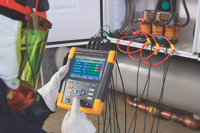 The Fluke 438-II Power Quality and Motor Analyzer is designed to analyze three-phase power quality measurements and can calculate motor output torque, speed, horsepower, and efficiency. Courtesy: Fluke