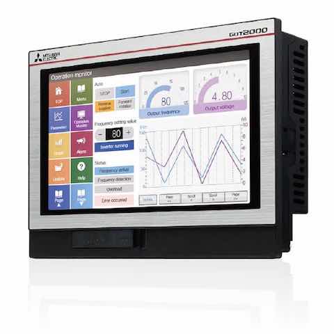 Mitsubishi Electric Automation's GT2107 wide series human-machine interface (HMI) is designed to monitor and control machine components such as programmable logic controllers (PLCs), variable frequency drives (VFDs), and servos. Courtesy: Mitsubishi Elect