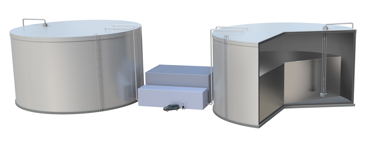 MIT researchers propose a concept for a renewable storage system, pictured here, that would store solar and wind energy in the form of white-hot liquid silicon, stored in heavily insulated tanks. Courtesy: Duncan MacGruer, MIT