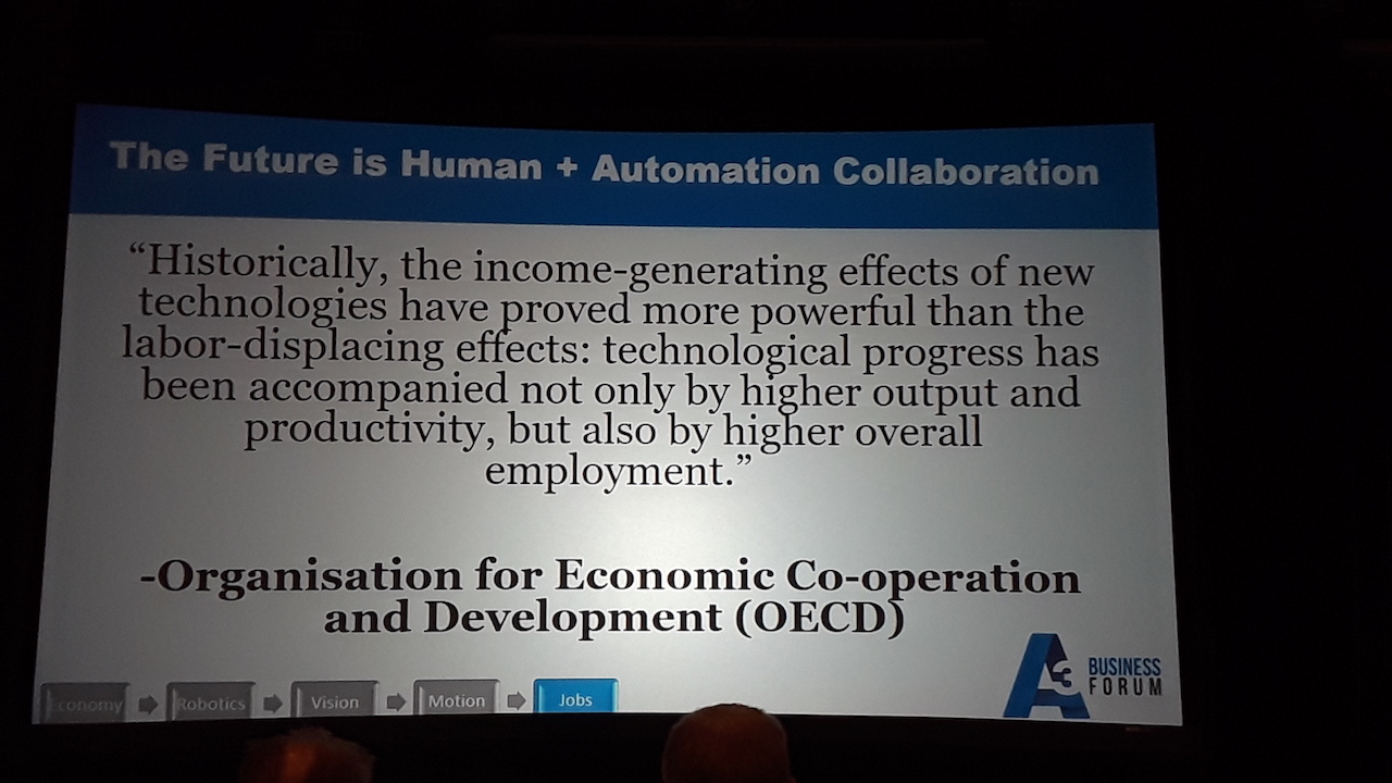 Humans and automation can add productivity and jobs said Alex Shikany is AIA vice president, part of A3 Association for Advancing Automation. Courtesy: Mark T. Hoske, Control Engineering, CFE Media