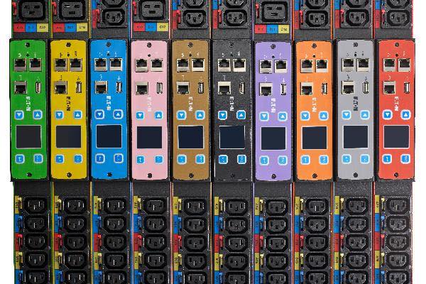 Eaton's High Density rack power distribution unit (PDU) platform has 11 color options for easy identification of A/B power feeds and allows configuration for up to 54 outlets per PDU. Courtesy: Eaton