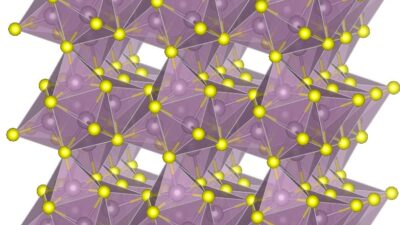 Molecular diagram shows the structure of molybdenum sulfide, one of the materials used to create the new kind of cathode for lithium-sulfur batteries. Courtesy: Massachusetts Institute of Technology (MIT)