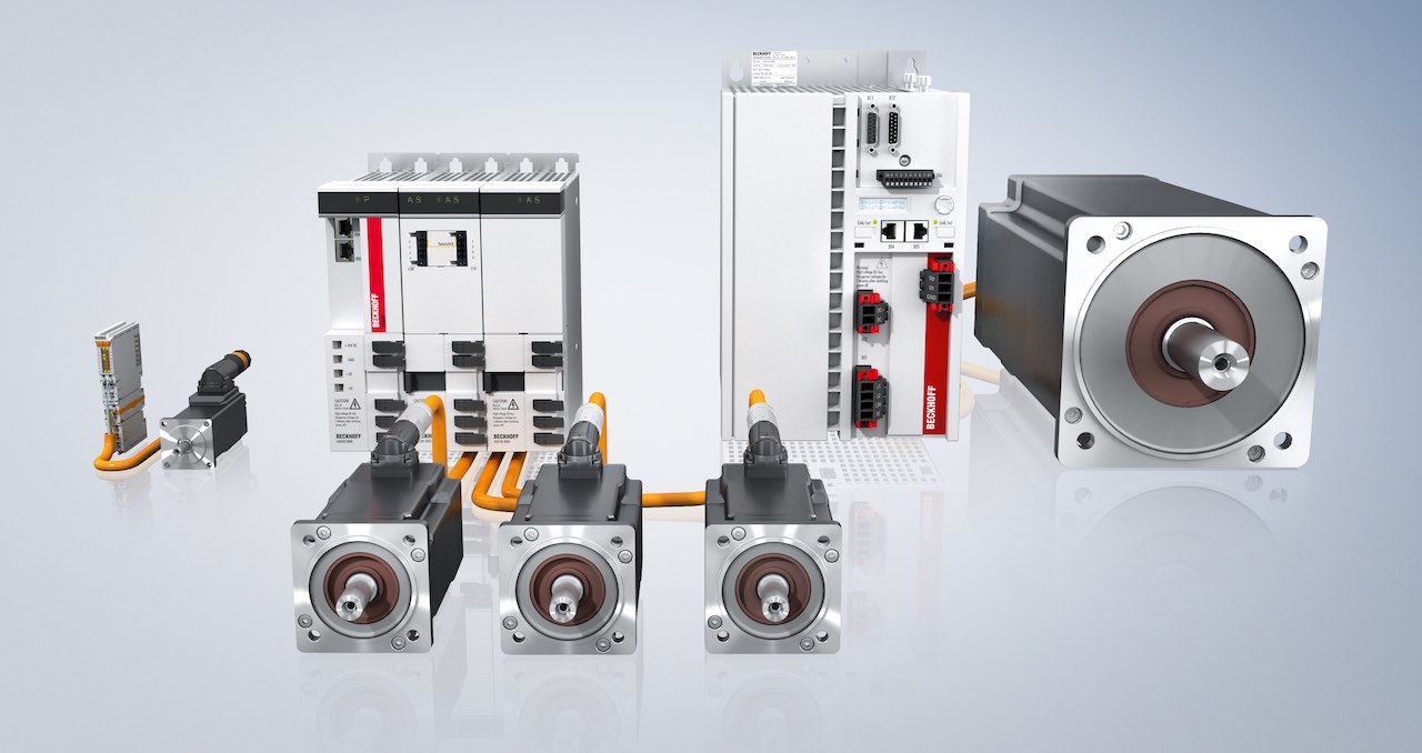 One-cable technology (OCT) can support servomotors of all sizes, from low-wattage options connected to compact drives in an I/O terminal form factor up to large F7-flange motors that require large drives. Courtesy: Beckhoff Automation