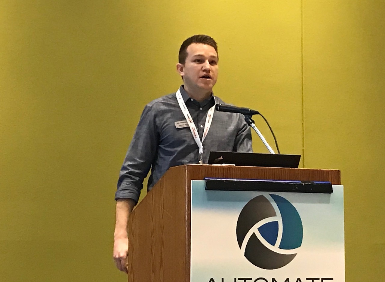 Stan Gelizer, Mecademic sales and technical support manager, talked about robot accuracy and precision at Automate 2019. Courtesy: Chris Vavra, CFE Media