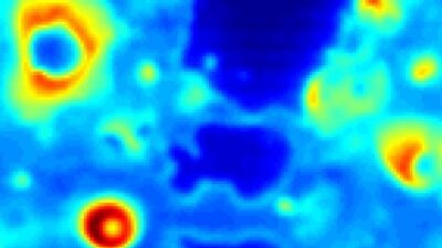 Image shows the rate of heat transfer from a metal surface, with red the highest and blue the lowest. The large blue areas show the beginning of a boiling crisis. Courtesy: Massachusetts Institute of Technology (MIT)