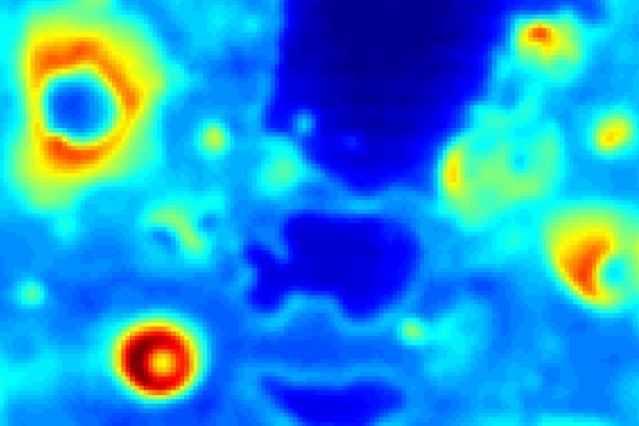 Image shows the rate of heat transfer from a metal surface, with red the highest and blue the lowest. The large blue areas show the beginning of a boiling crisis. Courtesy: Massachusetts Institute of Technology (MIT)
