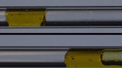 A gel-like yield stress fluid, top, moves as a plug without shearing in a tube with the new surface coating. At bottom, the same fluid is seen shearing while it flows in an uncoated tube, where part of the fluid gets stuck to the tube while part of it continues to flow. Courtesy: Massachusetts Institute of Technology (MIT)