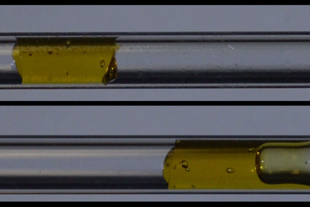 A gel-like yield stress fluid, top, moves as a plug without shearing in a tube with the new surface coating. At bottom, the same fluid is seen shearing while it flows in an uncoated tube, where part of the fluid gets stuck to the tube while part of it continues to flow. Courtesy: Massachusetts Institute of Technology (MIT)