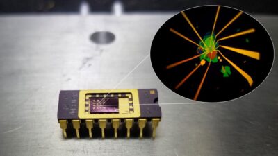 A Hall-bar device structure (see inset) is wire-bonded to a 16-pin chip-carrier. The chip-carrier allows for extensive electrical characterization of the device at both low temperatures and high magnetic fields. Courtesy: Min Sup Choi/Columbia Engineering
