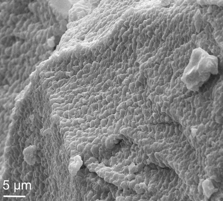 An electron microscope image of the flexible dielectric alloy created at Rice University shows a layered structure of sulfur and selenium and a lack of voids. The material shows promise as a separator for next-generation flexible electronics. Courtesy: Ajayan Research Group/Rice University