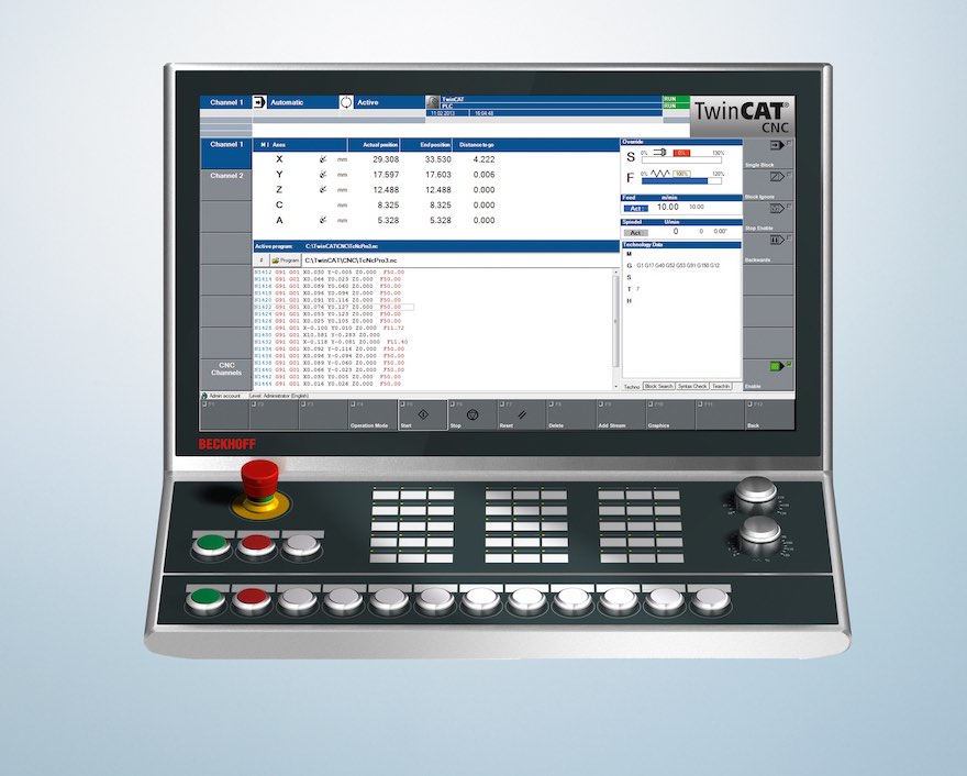 An HMI should support application-specific customization, such as this control panel for CNC machines. Various Intel hardware and Microsoft software capabilities can be integrated. Courtesy: Beckhoff Automation