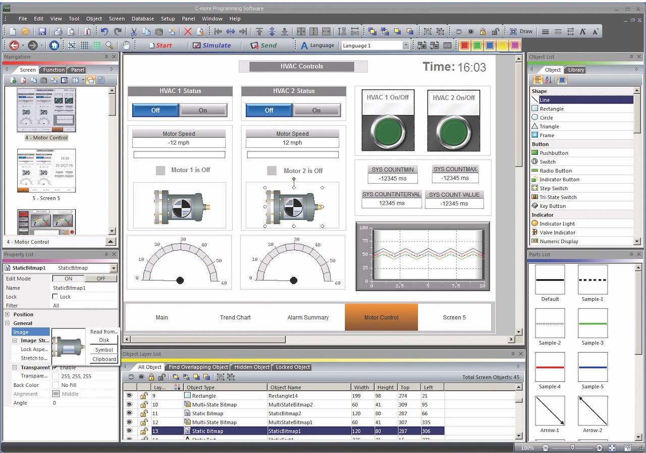 Configuration software should make it easy to create basic graphics, and to implement more advanced features like remote connectivity, data logging and security. Courtesy: AutomationDirect