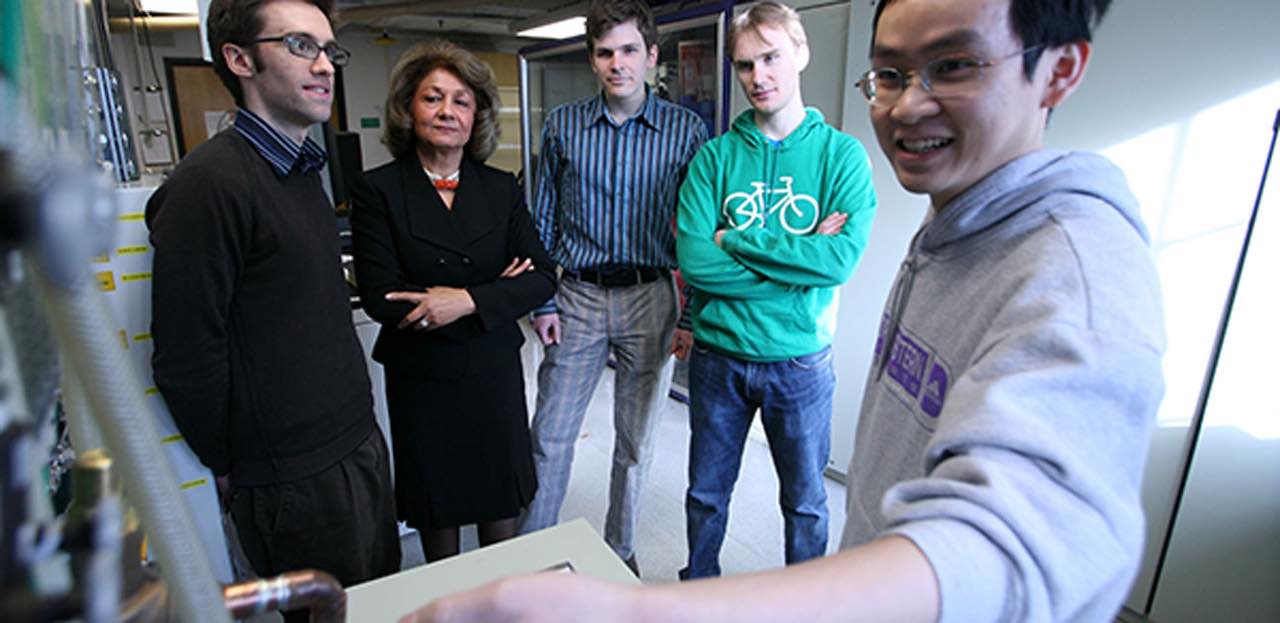 Northwestern Engineering researchers, led by Manijeh Razeghi (second left) have developed a chip-based terahertz frequency comb that works at room temperature and is generated from a mid-infrared quantum cascade laser. Courtesy: Northwestern University