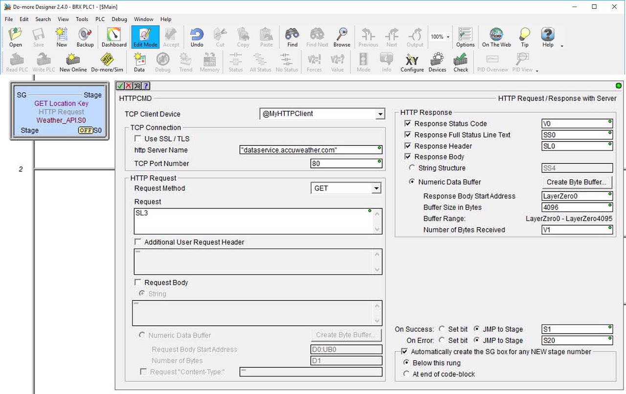 Figure 3: An HTTP instruction, such as this HTTPCMD block in an AutomationDirect BRX PLC, enables a PLC to initiate a request to an internet website API to obtain data. AutomationDirect Do-more Designer Software has the necessary instructions. Courtesy: AutomationDirect