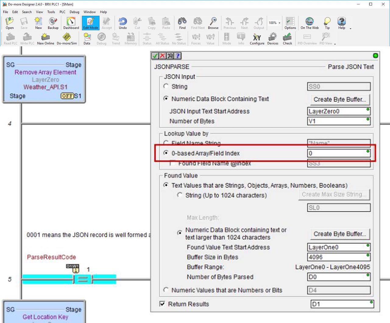 Figure 4: A parsing instruction, such as this JSONPARSE block in an AutomationDirect BRX PLC, is needed so the PLC can drill into the layers of objects within a JSON data payload and extract the desired information. Courtesy: AutomationDirect