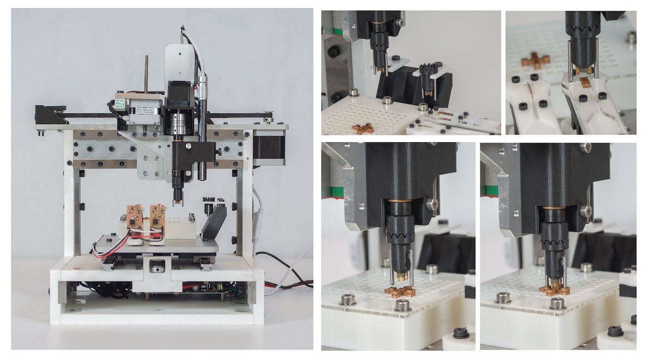 MIT graduate student Will Langford developed a machine that's like a cross between a 3-D printer and the pick-and-place machines that manufacture electronic circuits, but that can produce complete robotic systems directly from digital designs. Courtesy: Will Langford, MIT