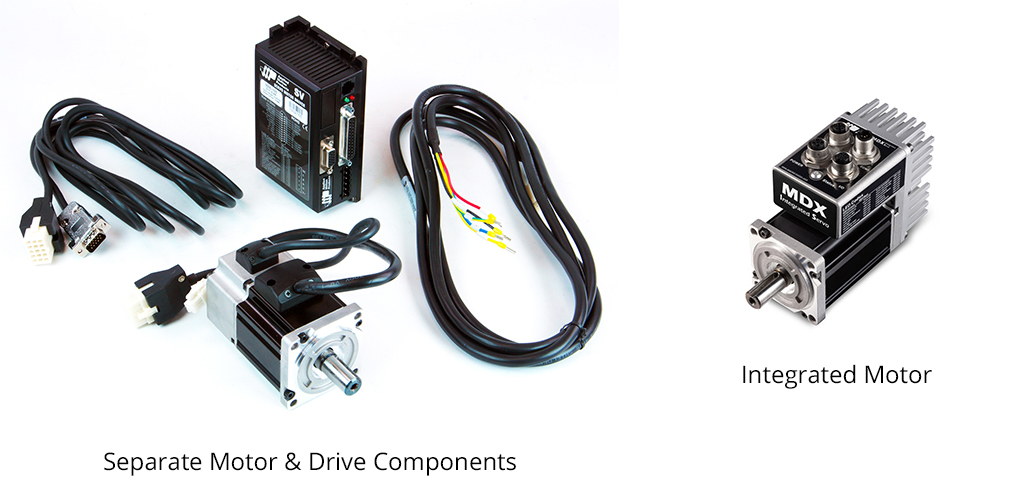 Figure 1: Shown on the left is a 200W servo motor and compatible servo drive with the necessary power and feedback cables for connecting the motor and drive together. Shown on the right is a comparable 200W integrated servo motor that combines the individual motor and drive components into a single package while providing the same speed and torque performance. Utilizing integrated motors into a machine design reduces system complexity and saves space. Courtesy: Applied Motion