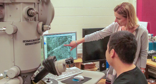 Professor Izabela Szlufarska and postdoctoral scholar Hongliang Zhang examine data in their lab, where they’ve observed a particular material’s internal structure shift during bending in a way that’s completely new for metals. Courtesy: University of Wisconsin-Madison