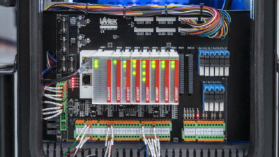 The compact Beckhoff Automation EtherCAT EJ boards reduce footprint on VMek hardware. Standard LED lights, which can be seen through a window on the Metrix and Element machines, provide EtherCAT diagnostic information for operators. VMek sorting machines include the Metrix Analytic Lab Color Sorter and Element Analytic Production Color Sorter. Courtesy: Kevin Blackburn