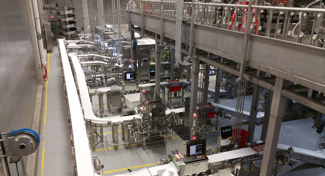 Bag conveyor system collects inspected products towards case packers. Courtesy: NCC Automated Systems