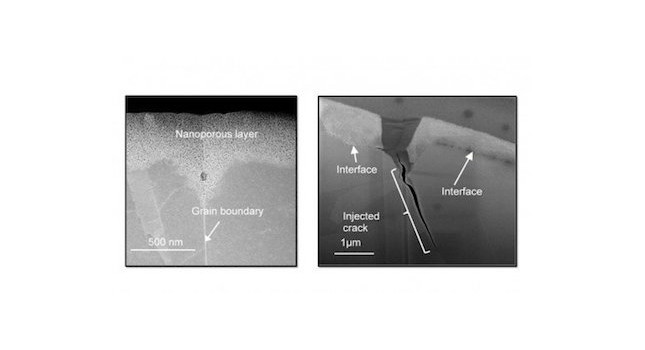 Electron microscopy of crack injection. Corrosion creates a nanoporous layer in the material (left) that propagates almost twice as far into the grain boundary as it does away from the boundary. The right image shows an injected crack. Courtesy: Arizona State University/ISSSource