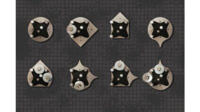 A key to compiling the novel Omnipush dataset was building modular objects (pictured) that enabled the robotic system to capture a vast diversity of pushing behavior. The central pieces contain markers on their centers and points so a motion-detection system can detect their position within a millimeter. Courtesy: Massachusetts Institute of Technology (MIT)
