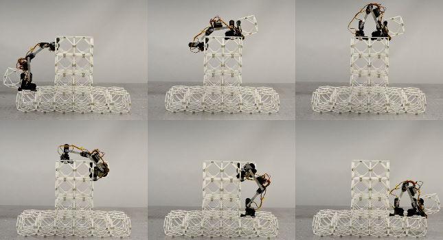 Sequence of photos shows an assembler robot at work, carrying one structural unit over the top and down the other side of a structure under construction. Courtesy: Benjamin Jenett, MIT
